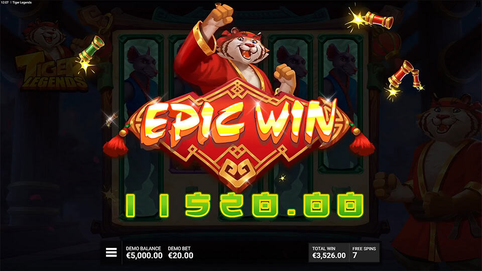 Epic Win animation with a victorious tiger holding a scroll and firecrackers popping in celebration.