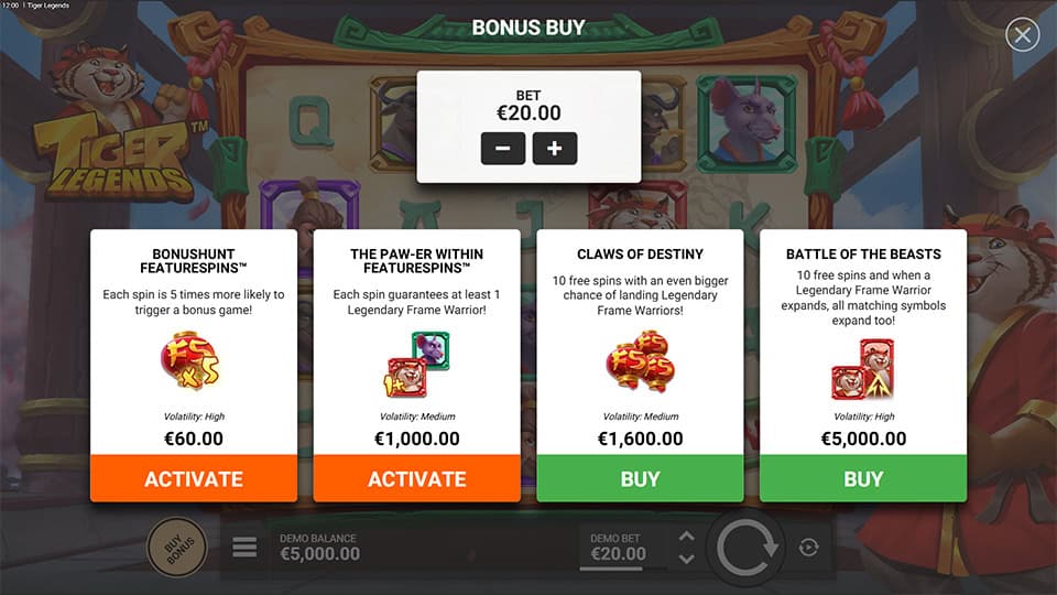 Bonus buy menu with four distinct options offering enhanced spins and higher chances for Legendary Warriors.