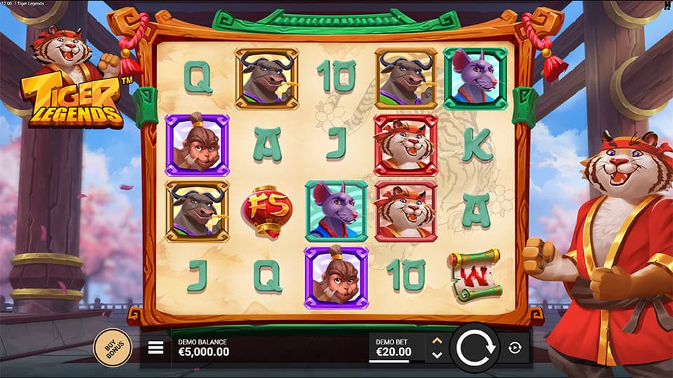 Main game screen showing 5 reels with animal characters, free spin symbol and traditional Asian frame design.