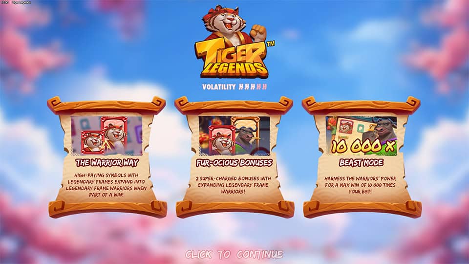 Intro screen highlighting Legendary Frame Warriors, bonus features and up to 10,000x win potential.