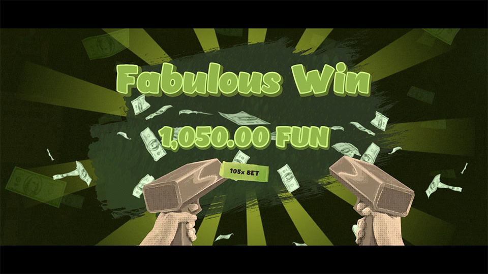 Fabulous Win screen with flying cash, wooden guns and a 105x multiplier.