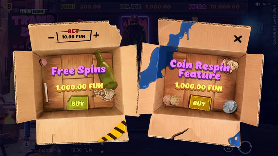 Two open boxes offering Free Spins and Coin Respin features with price tags.