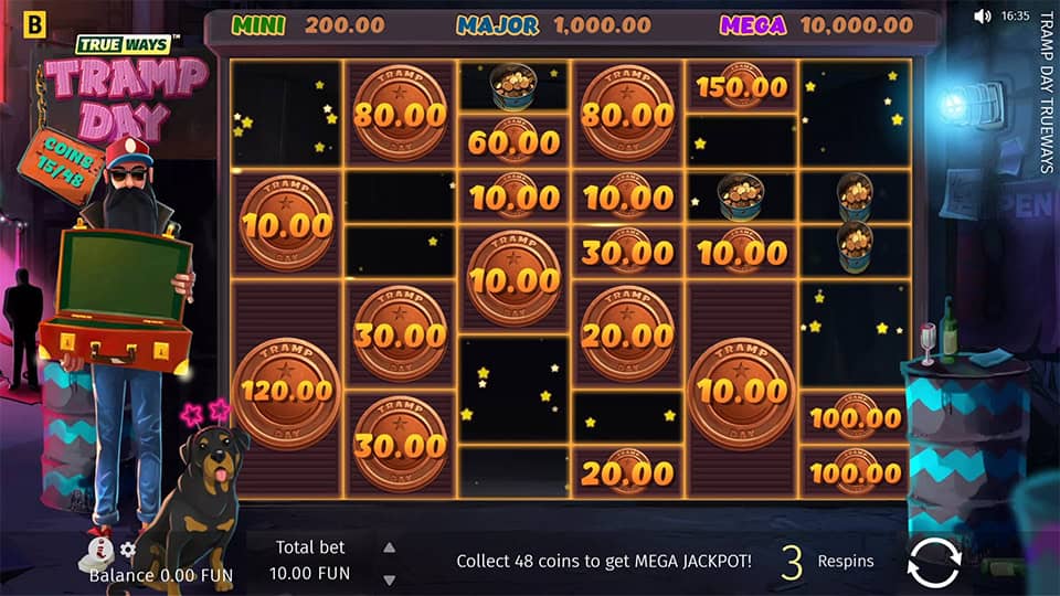 Grid full of Tramp Day coins with a center jar bursting open in the coin respin mode.