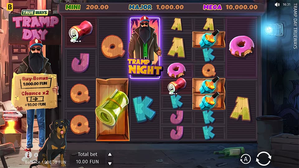 Slot grid with soda cans, donuts and Tramp Night symbol on city-themed reels.