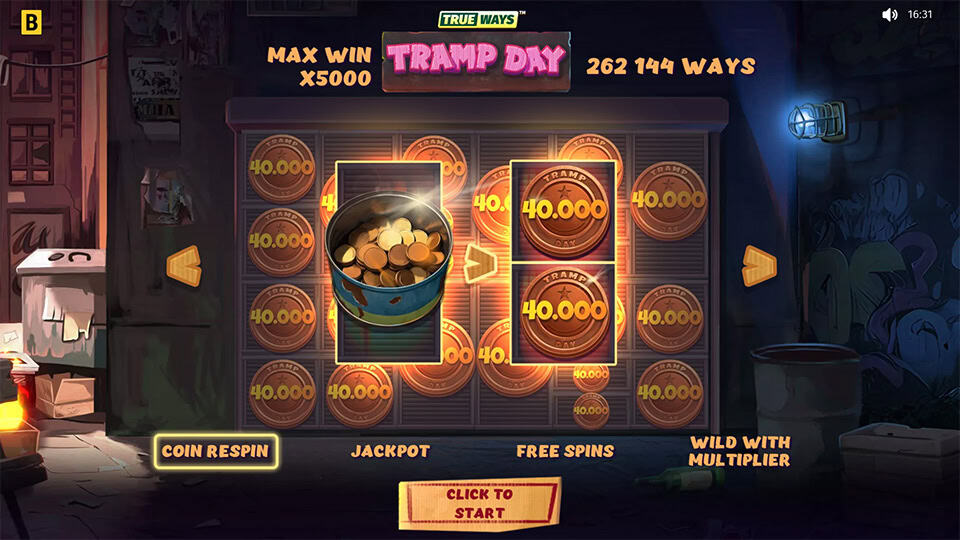 Intro screen showing Coin Respin, Jackpots and Free Spins options with max win up to 5000x.