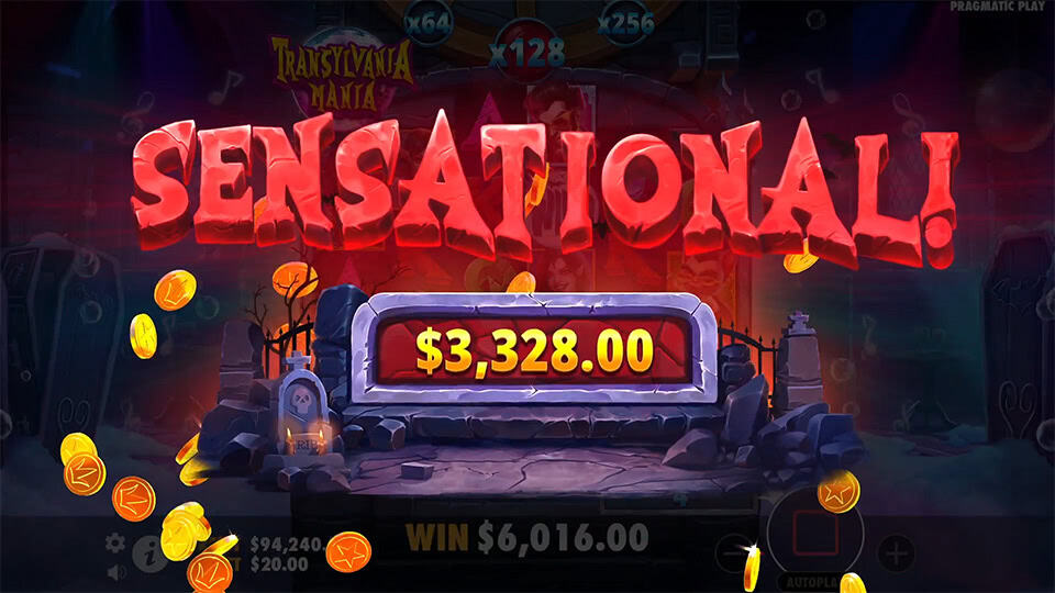 Sensational win banner over a tombstone surrounded by flying coins and red glow.