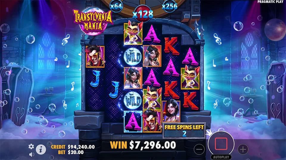 Highlighted reels with glowing multipliers and vampire symbols on an active spin round.