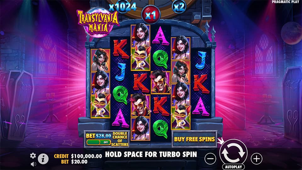 Game screen with vampire, bat and wild symbols across gothic reels and colorful lighting.