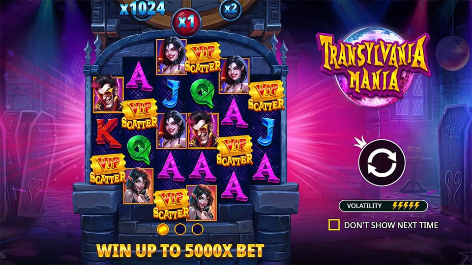 Intro screen showing scatter symbols, win potential up to 5,000x and volatility meter.