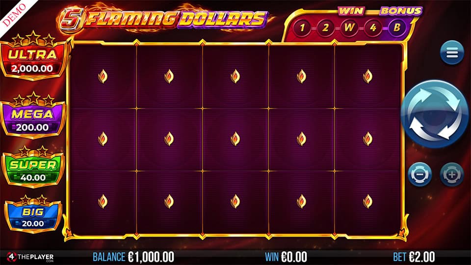 Main grid with purple flame coin symbols and prize tiers on the side, ready for the bonus to trigger.