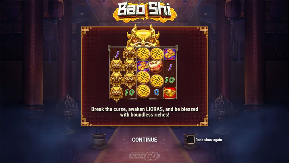 Intro screen with Bao Shi title, atmospheric temple setting and a call to awaken Lioras for hidden treasures.