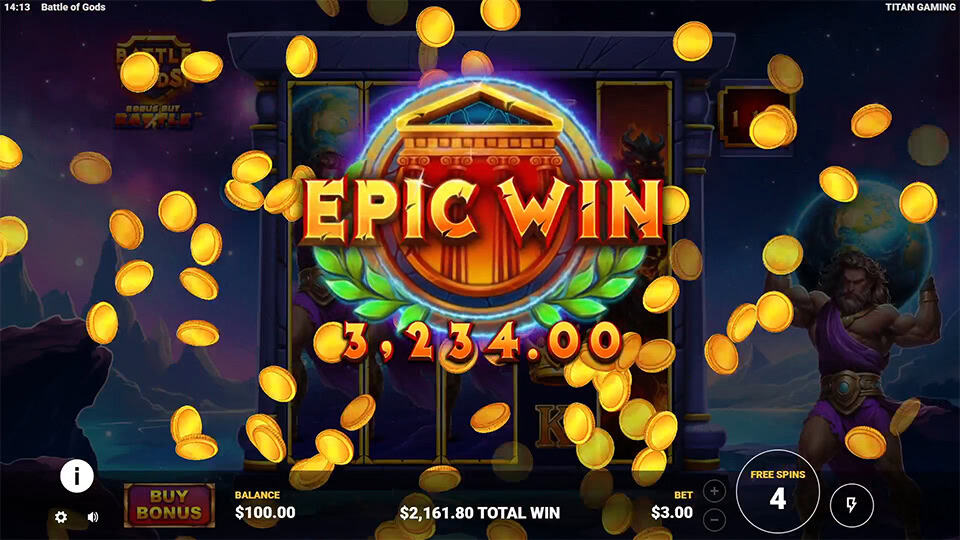 Epic Win message over golden temple badge with coins flying across the reels during a free spins round.