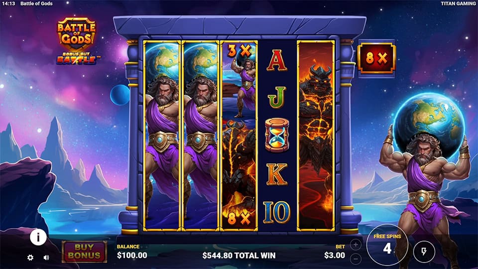 Free spins round with expanding Duel symbols and a lava god versus titan clash for multiplier boosts.