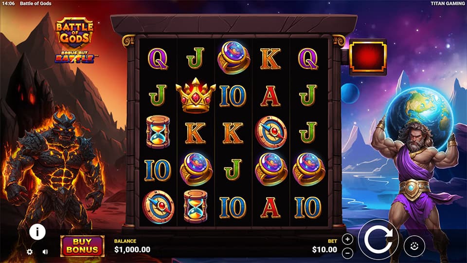 Slot grid filled with crowns, rings and hourglasses, flanked by a lava demon and a god holding the Earth.