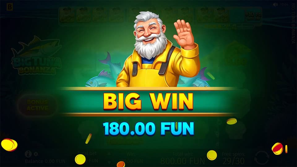 “Big Win” banner with a cheerful fisherman waving, surrounded by golden coins in an underwater-themed background.