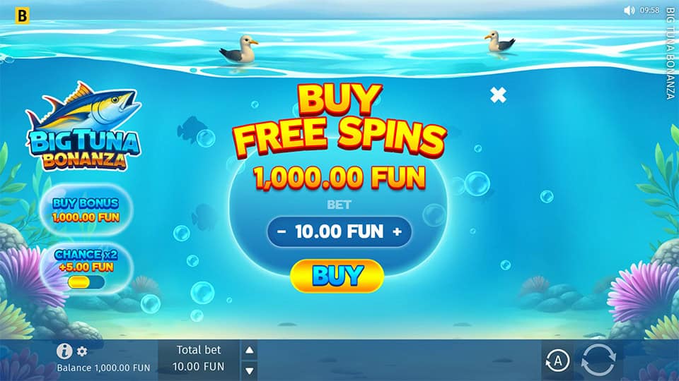 Purchase menu allowing players to buy free spins directly, displayed over an underwater background with bubbles and floating seagulls.
