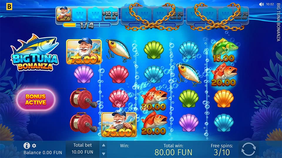 Free spins round with fisherman wild symbols collected in a progress bar above the reels, unlocking extra spins and multipliers.