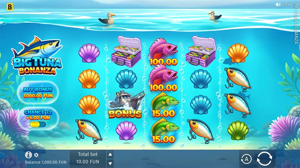Main game screen with colorful fish, seashells, fishing gear and boat bonus symbols, set in a vibrant underwater environment.