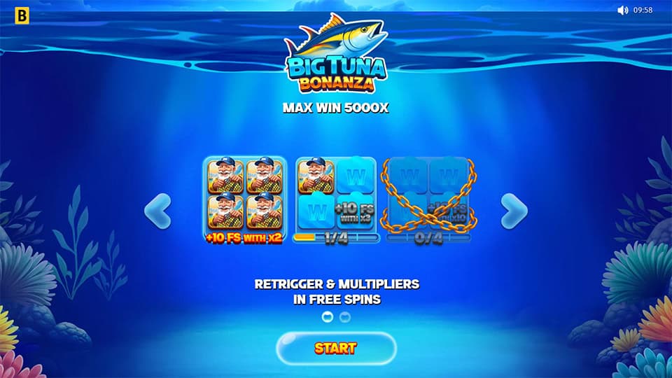 Intro screen highlighting the Big Tuna Bonanza logo, maximum win potential and key free spins features with retriggers and multipliers.