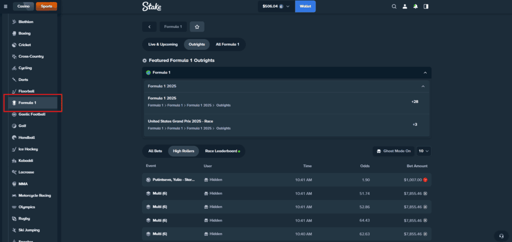 Bonustiime_Stake_Formula_1_ Menu