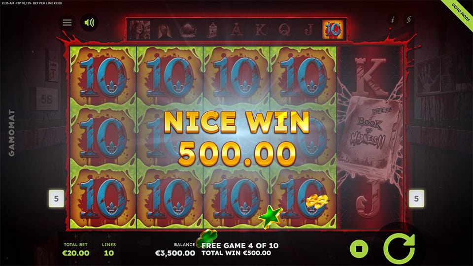 Nice Win message displayed over full screen of 10 symbols glowing in yellow and red.