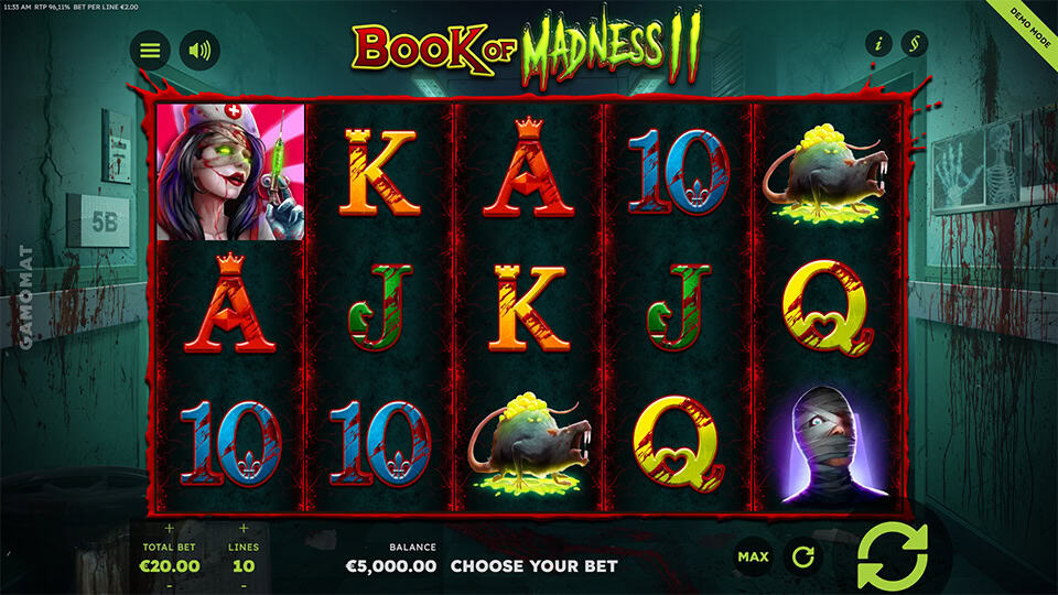 Slot grid with rats, nurses and standard card symbols in a horror-themed hospital setting.