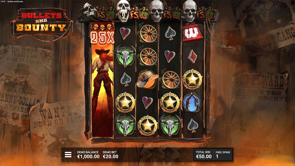 DuelReel round showing a 25x multiplier, Bounty Hunter on left and "VS" symbols above the reels.