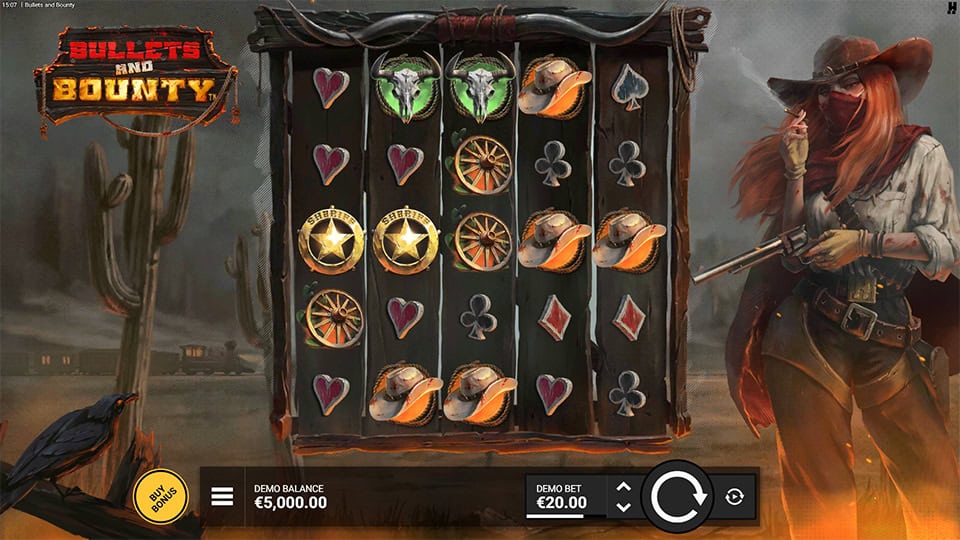 5-reel slot grid with sheriff stars, hats and bulls; female outlaw holding a revolver beside the reels.