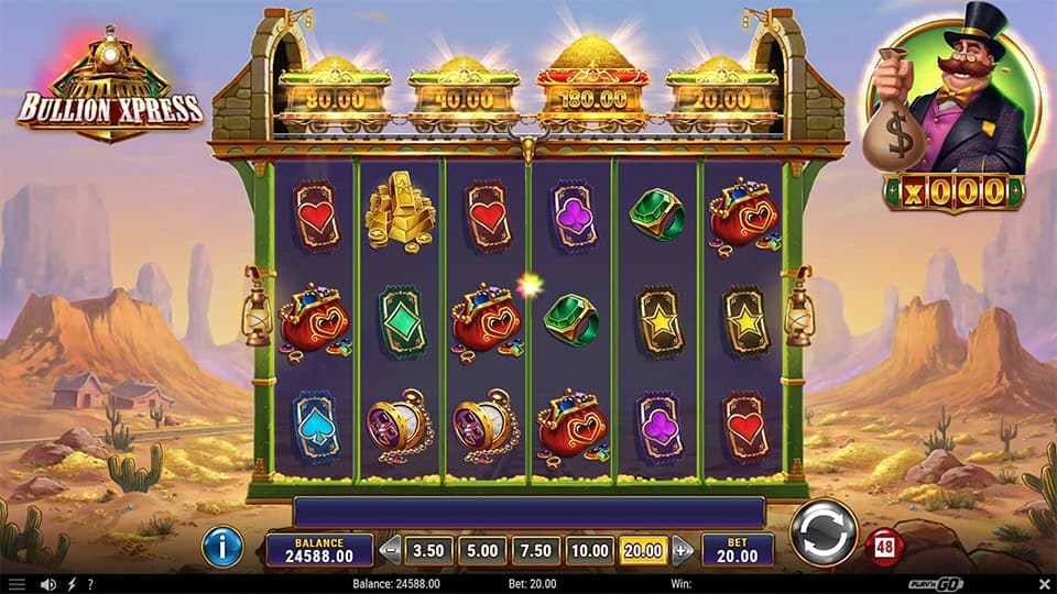 Gameplay with gold carts, silver carts and high-value prize carts above the reels, ready to be collected during the feature round.