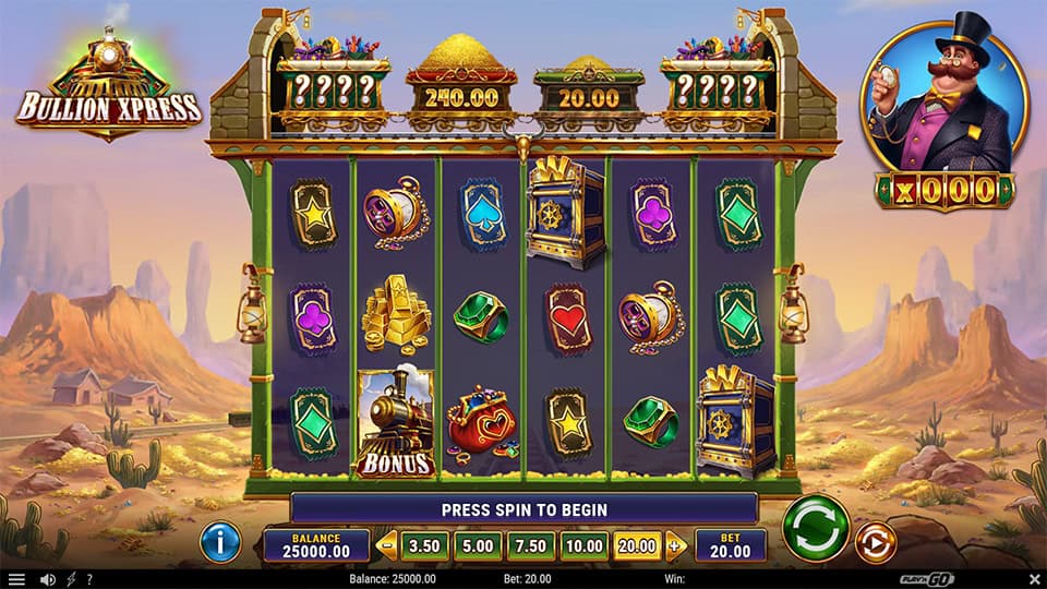 Main game screen showing reels filled with gold bars, bags of jewels, vaults and card suit symbols, set in a Wild West desert backdrop.