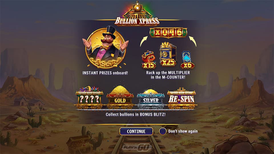 Intro screen displaying Bullion Xpress logo, main character with a bag of gold and feature highlights including instant prizes, gold and silver carts and respins.