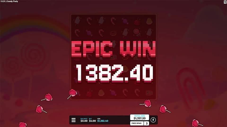 Epic Win text in pixel style over darkened screen with falling candy symbols.