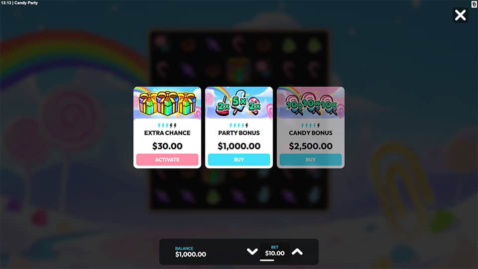 Bonus buy menu offering Extra Chance, Party bonus and Candy Bonus options.