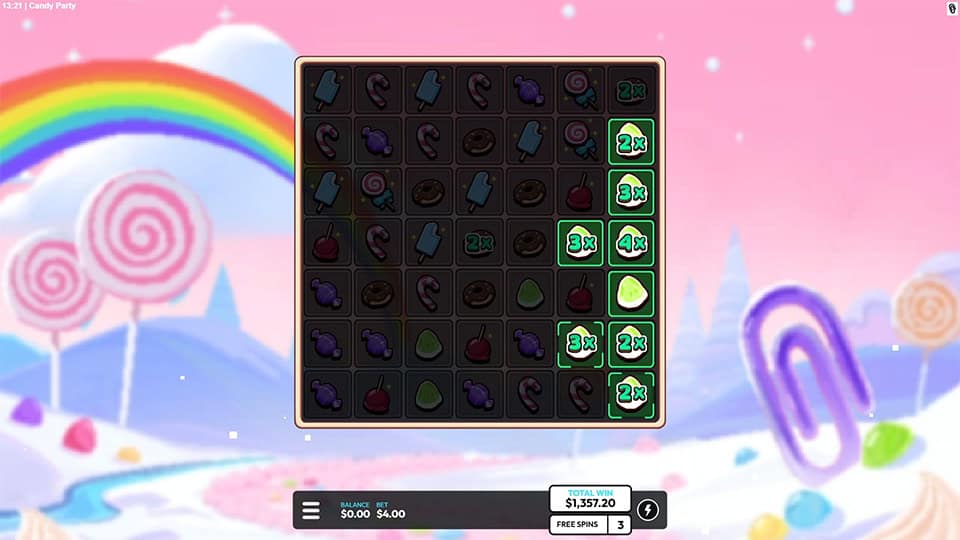 Slot board showing candy symbols with attached multipliers like 2x, 3x and 4x on the side.