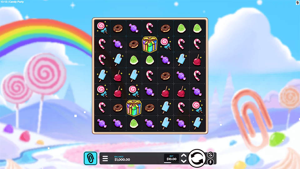 Colorful candy grid with gift boxes, lollipops and treats set in a bright candyland backdrop.