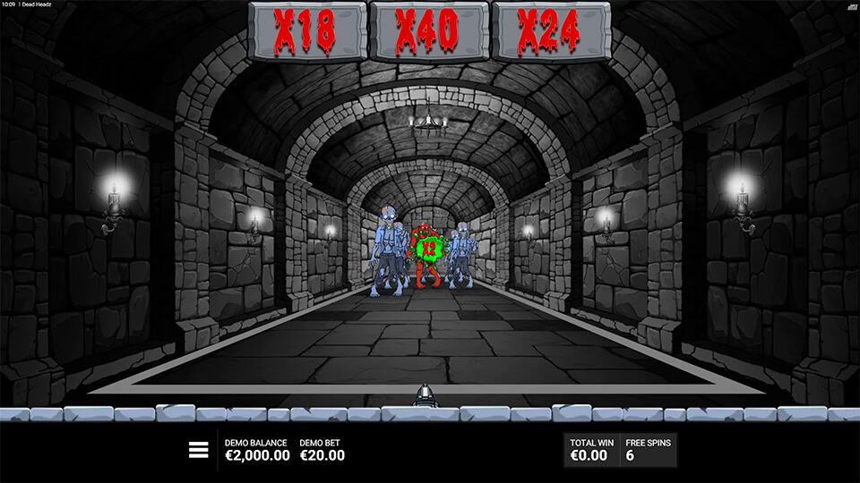 Bonus feature gameplay showing zombies advancing in a dungeon corridor with multiplier values displayed above, including a red zombie target.