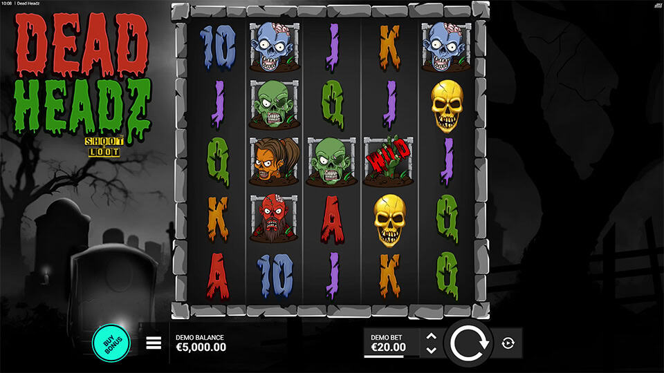 Base game reels of Dead Headz slot showing zombies, golden skullsand classic card symbols on a dark tombstone-framed grid.