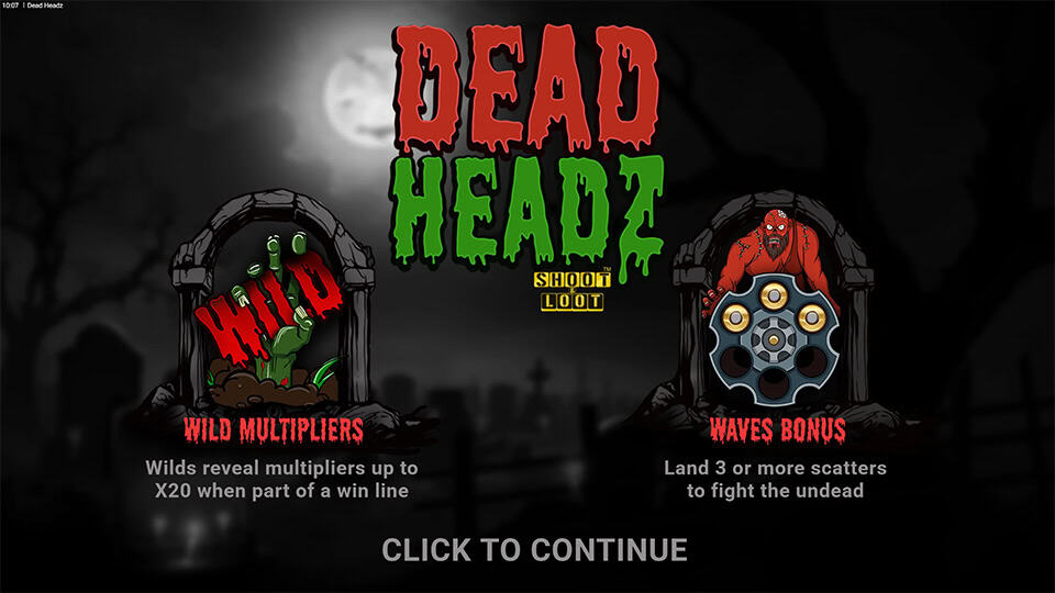 Dead Headz intro screen highlighting wild multipliers up to x20 and waves bonus triggered by landing scatters.