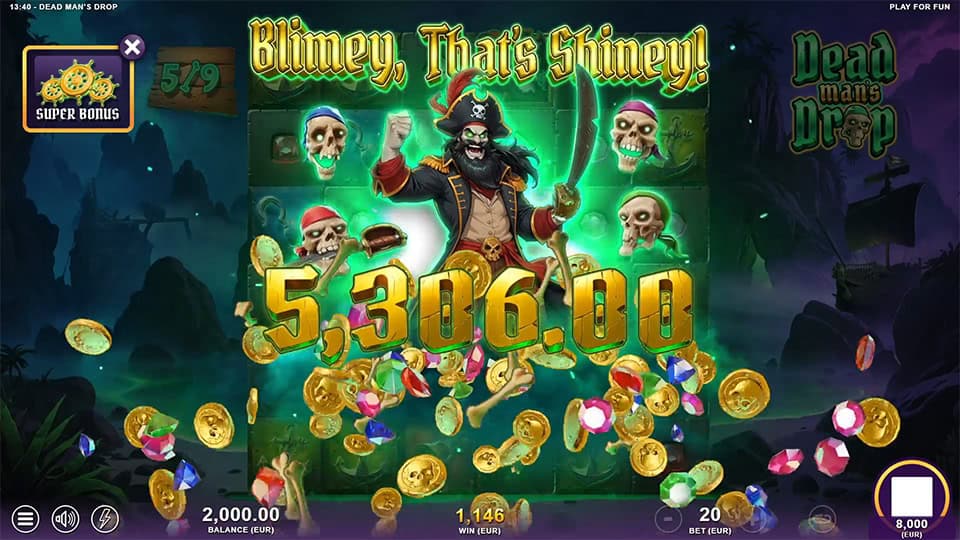 Pirate character celebrating a win with coins and gems exploding on screen under green lighting.
