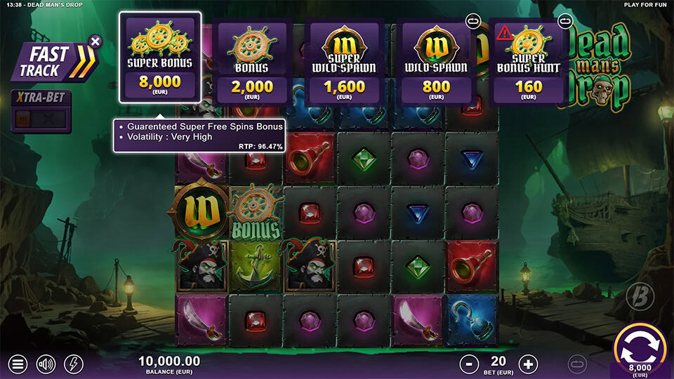 Buy bonus menu with five feature options including wild spawn, super bonus and volatility tags.
