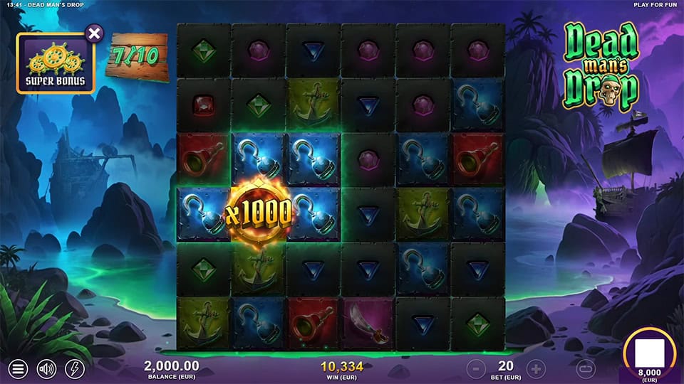 Highlighted x1000 multiplier wild symbol glowing in center of grid during a bonus spin.