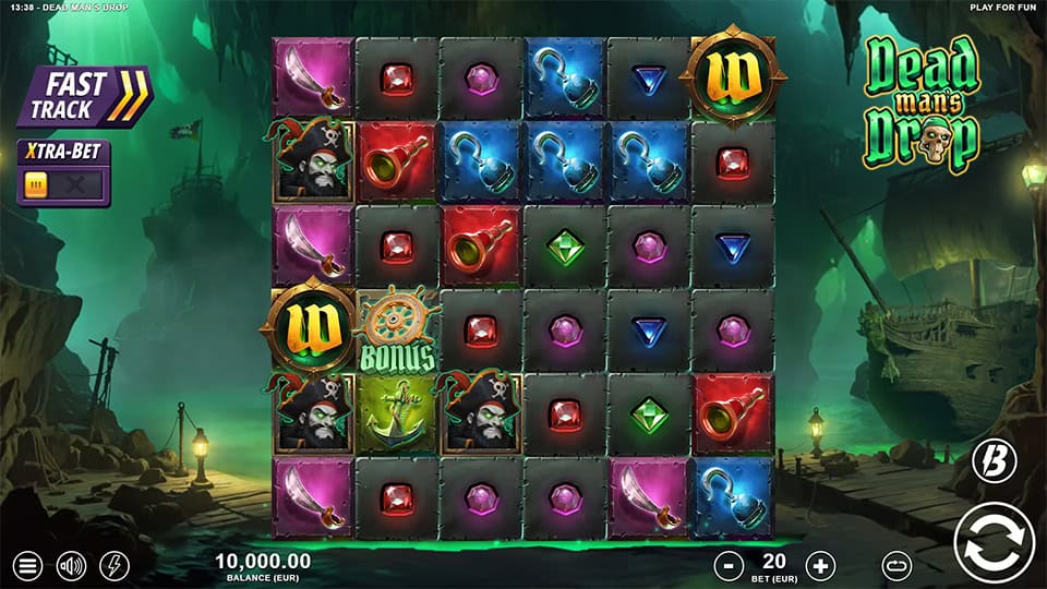 6x6 pirate-themed slot grid with wilds, swords, anchors, bonus wheels and gem symbols.