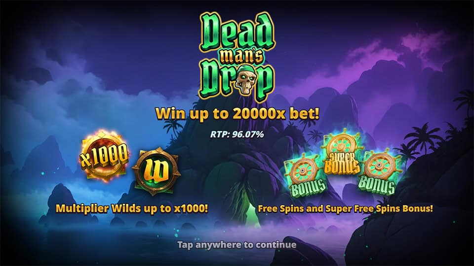 Intro screen showing bonus features like free spins, super bonus rounds and wild multipliers.