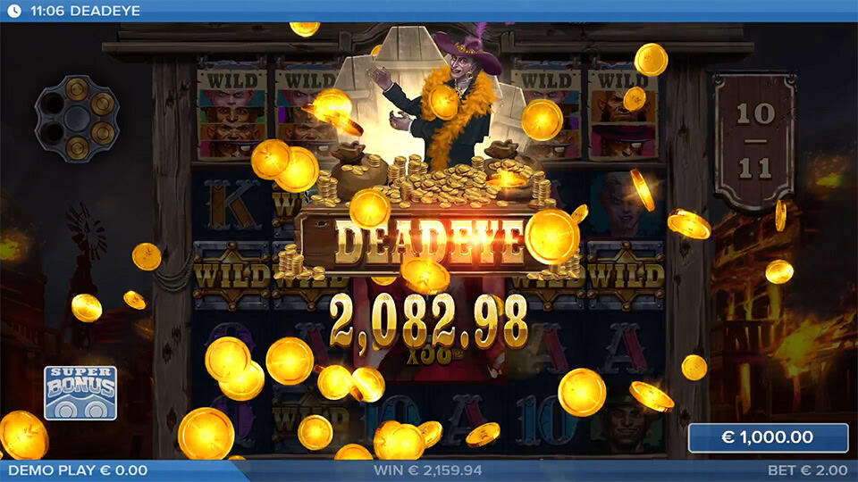 Big win animation with the Deadeye logo, gold coins bursting and a character celebrating behind a pile of gold.