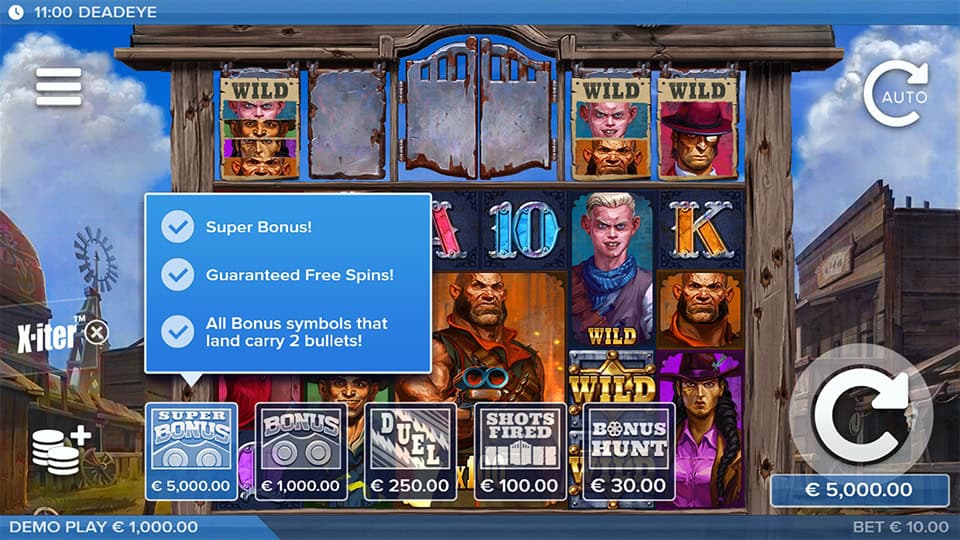 Bonus buy screen showing five X-iter modes including Super Bonus, Duel and Bonus Hunt, each with unique modifiers.