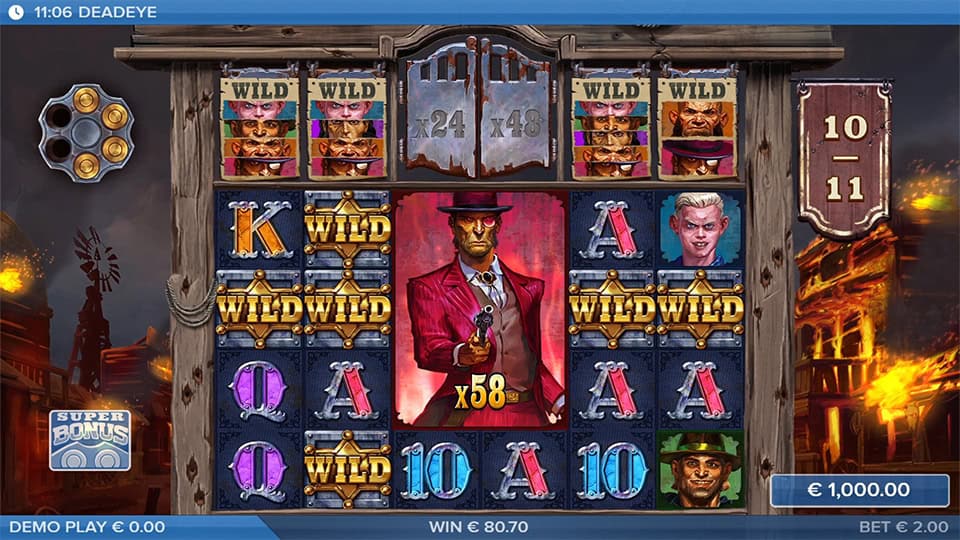 Reel with x58 multiplier showing red-suited character facing off in a duel scene filled with wild symbols.