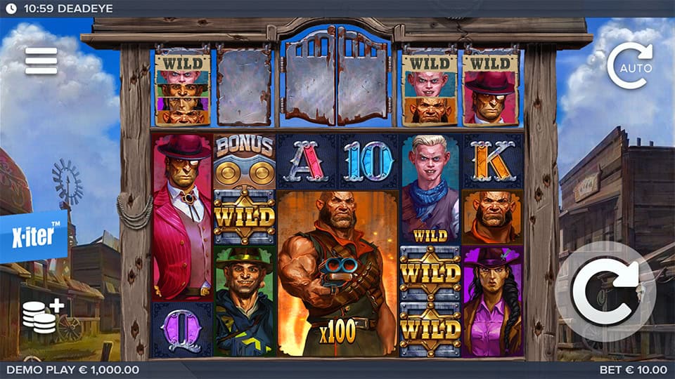 Main game screen with cowboy characters, wild symbols and rustic reels in a western town.