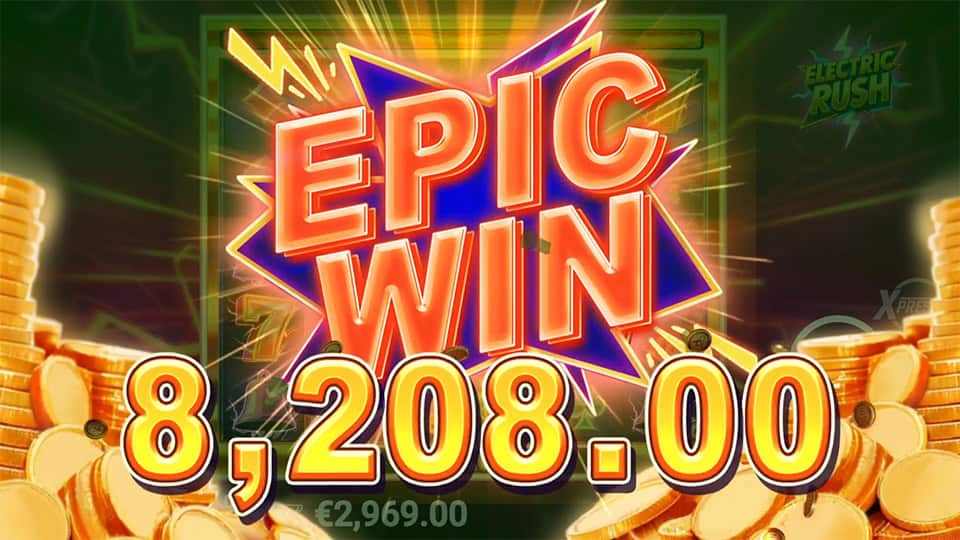 Bright "Epic Win" animation with flashing background and stacks of golden coins.