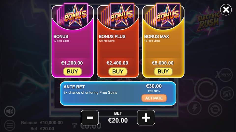 Bonus buy menu offering different free spins packs with varying volatility and entry options.