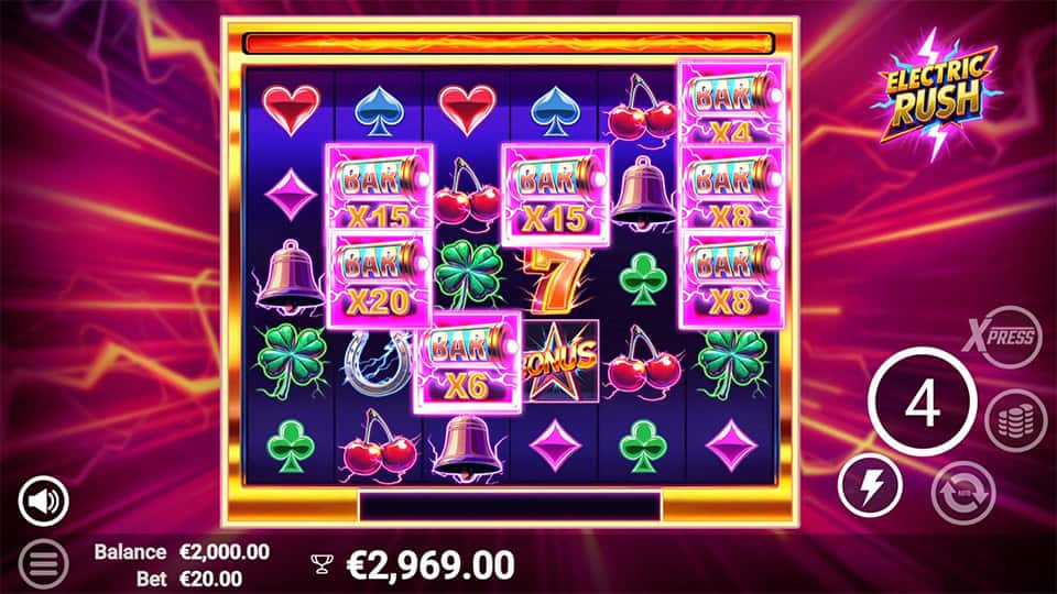 Bonus mode with bright multiplier batteries, countdown meter and electric visuals around the reels.